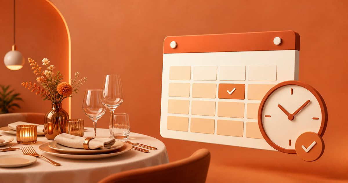 A laid restaurant table beside a booking calendar with one date selected and a clock