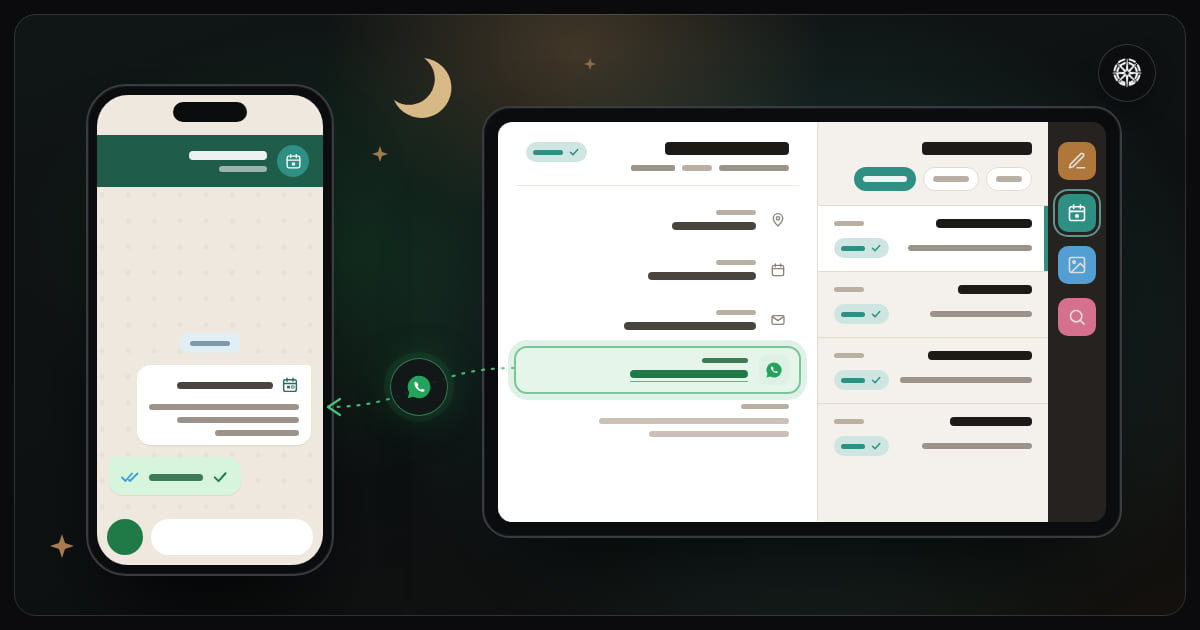 جهاز لوحي مفتوح على الحجوزات المؤكَّدة، وأولها مفتوح على رقم واتساب صاحبه، وخطّ منقّط من الرقم إلى هاتف الزبون، حيث قُرئت الرسالة وجاء الردّ بعلامة صحّ، تحت هلال المساء