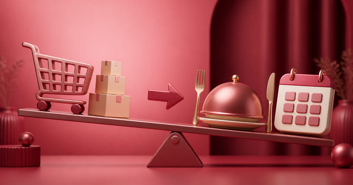 A shopping cart icon weighed against a restaurant plate and menu setup
