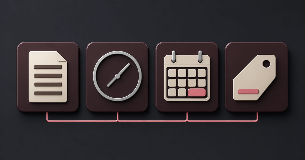 A menu rendered as editable text lines beside a clock, a booking slot and a price tag, arranged as comparison criteria