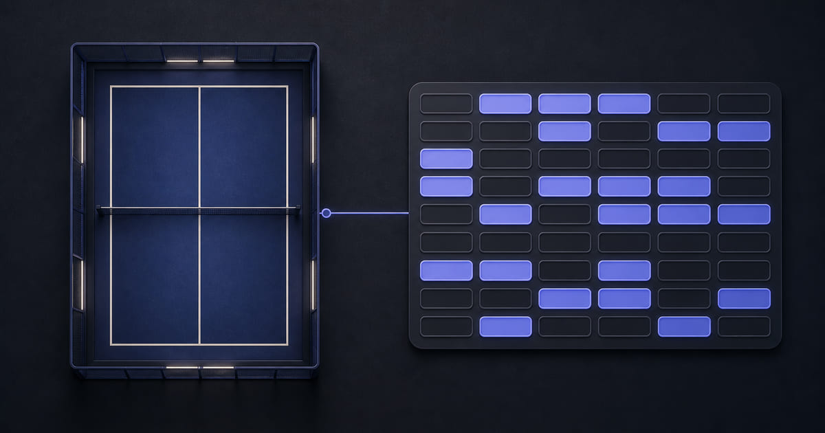 An abstracted top-down court outline beside a grid of time slots, some filled and some empty