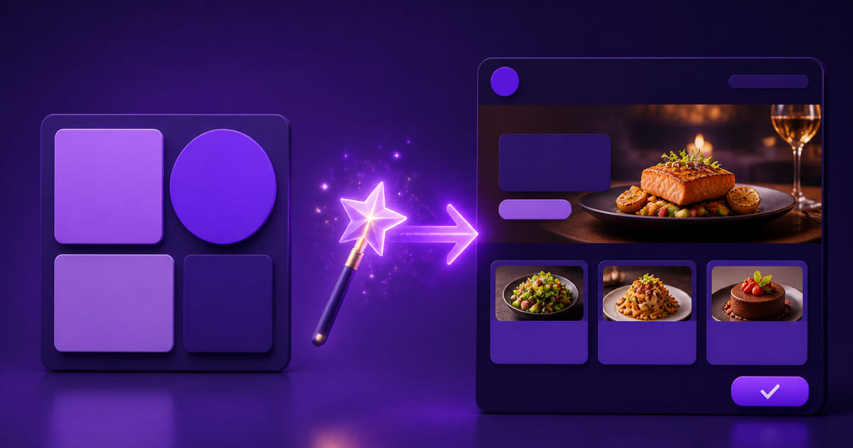 A brief made of simple blocks on one side, a generation spark in the middle, and a finished restaurant page with food photography on the other