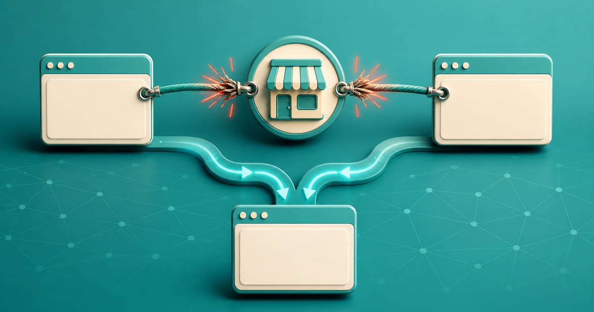 One business mark connected to two site panels with a strained link and a merge arrow