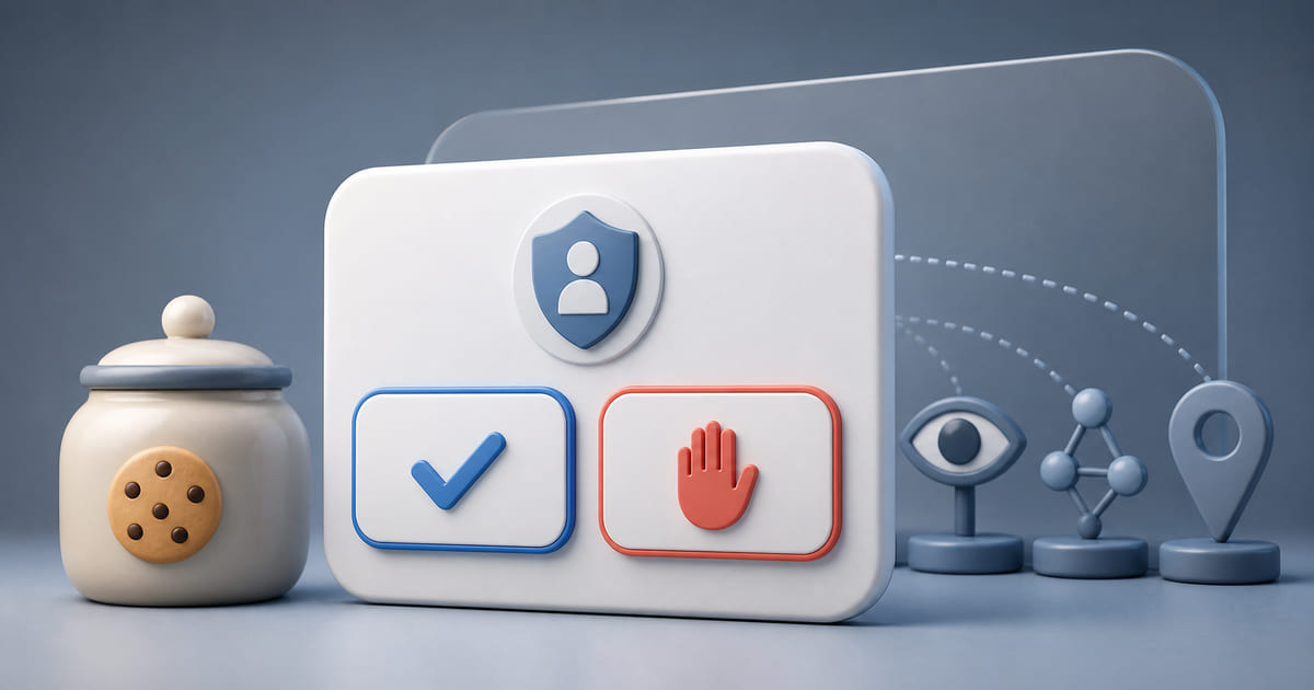 A cookie mark beside a consent panel offering two clear choices, with tracker symbols behind it