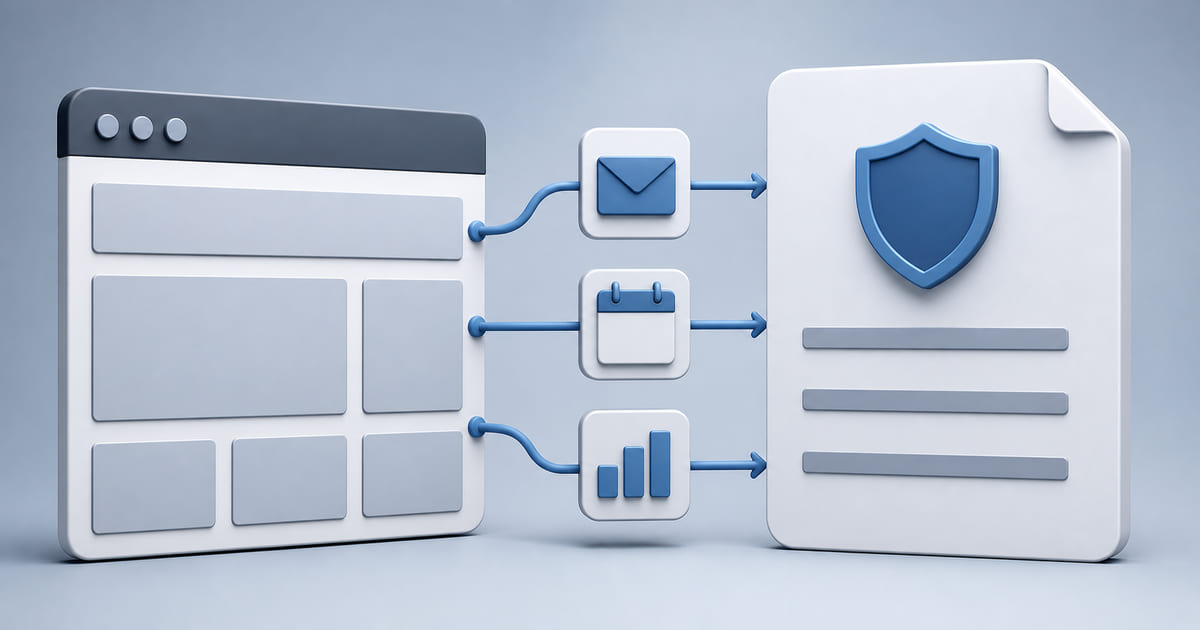 A simple website with a privacy document beside it and a shield marking the data it collects