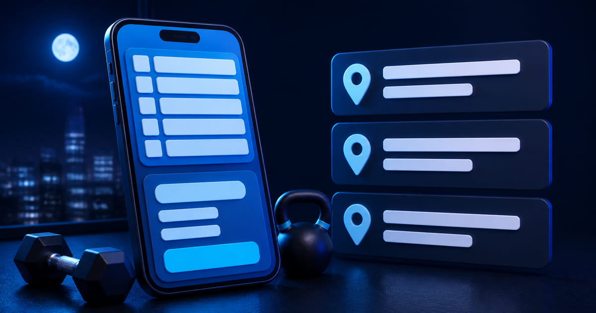 A gym timetable and membership panel on a phone beside a search result listing local studios