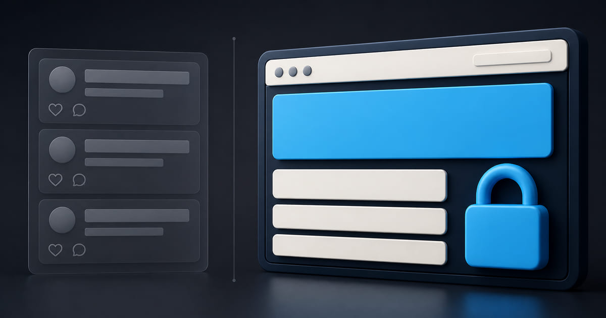 A social feed panel beside an owned website panel, with a padlock on the website side