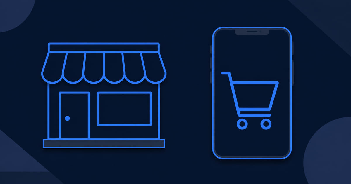 A shopfront outline beside a phone showing a shopping cart