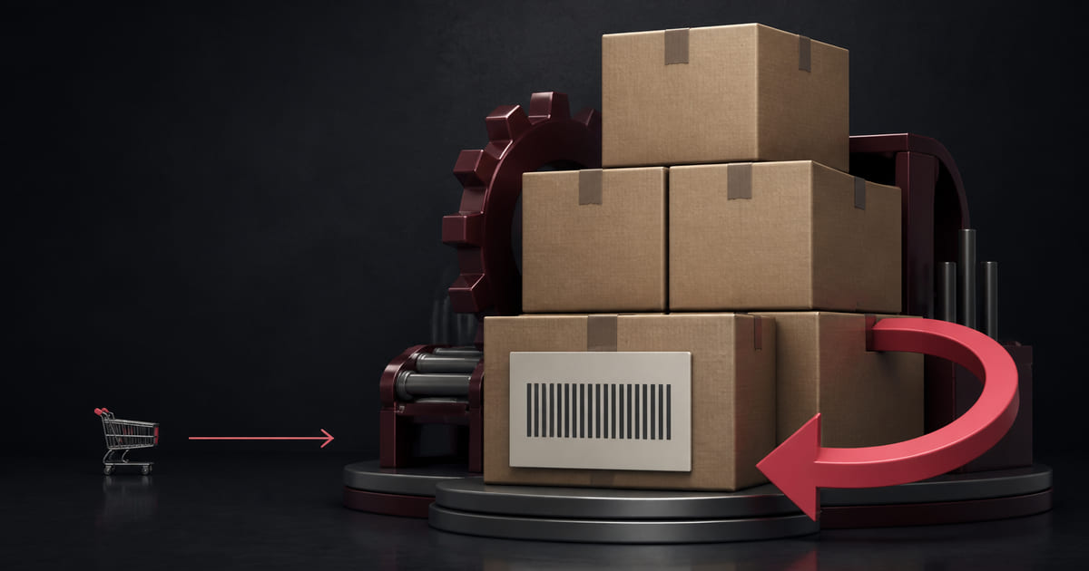 A shopping cart icon beside a stack of boxes, a shipping label and a returns arrow, showing the work behind a shop