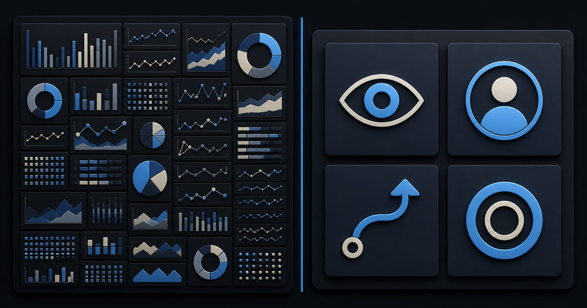 A dense analytics dashboard beside a simple four-number panel, with the simple one marked as preferred