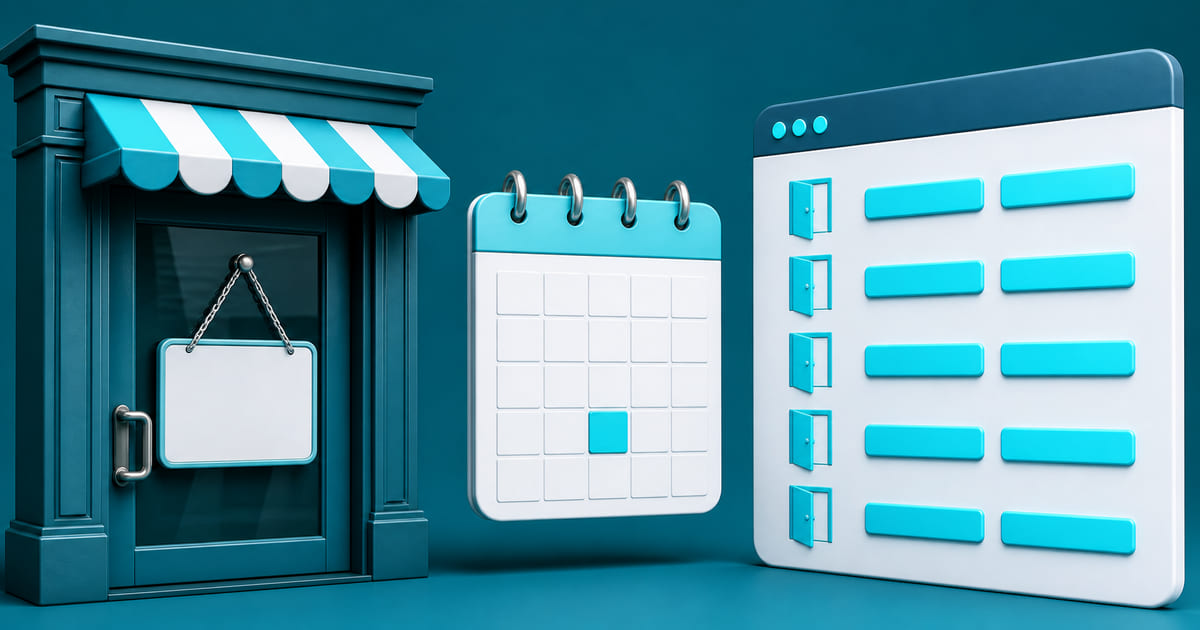 A closed shop door beside a website showing contradictory opening hours and a marked calendar