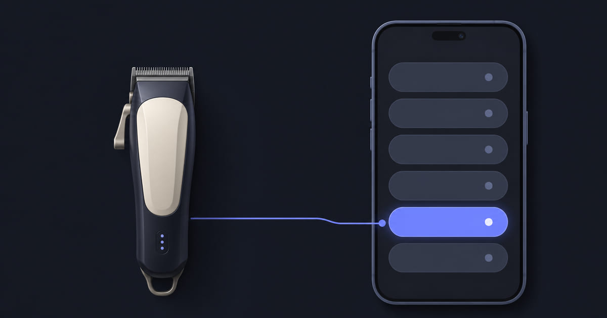 A pair of clippers rendered geometrically beside a phone showing a column of time slots with one selected