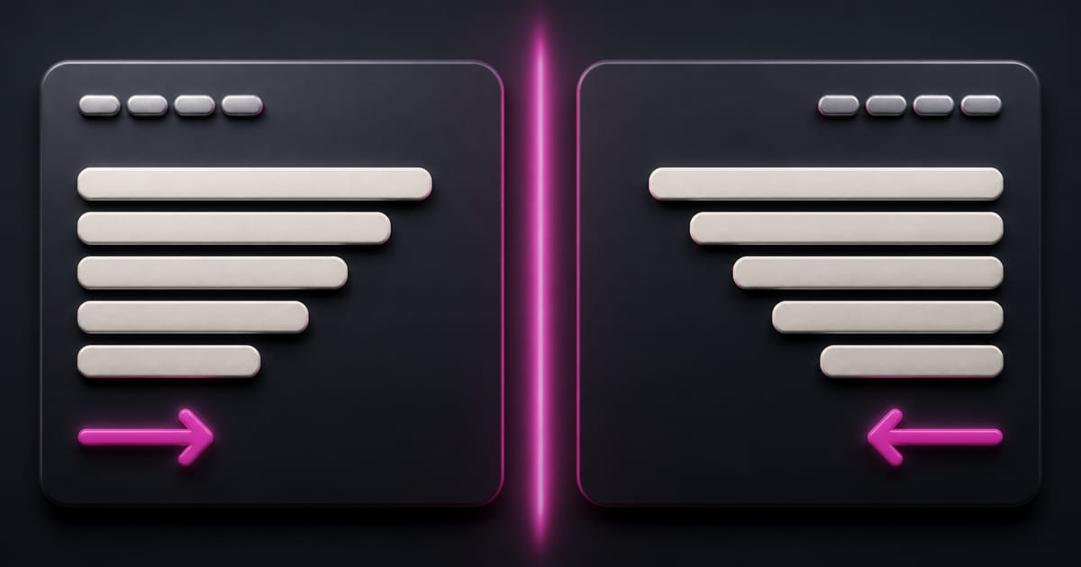 Two mirrored page layouts side by side, one left-to-right and one right-to-left, with navigation and columns reversed