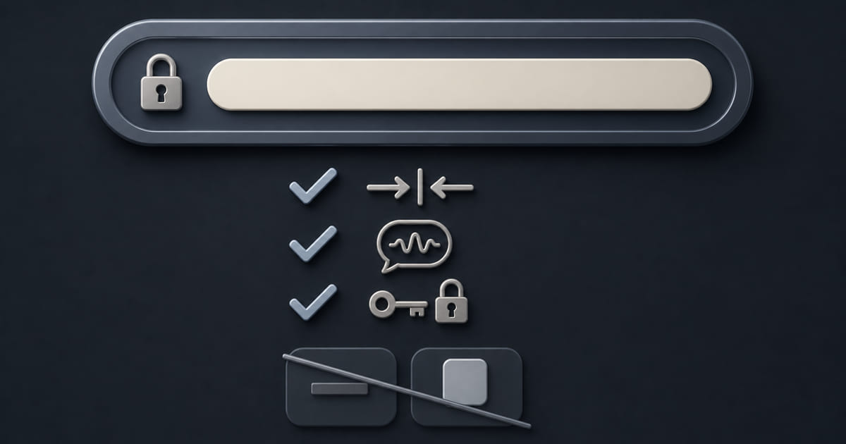 A domain name shown as a simple address bar beside a checklist of short, sayable and owned