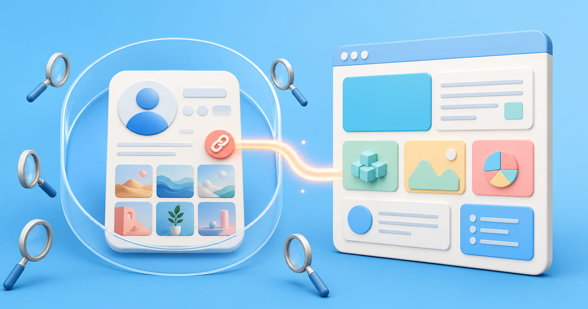 A social profile whose bio link leads to a web page, with search magnifiers circling outside the profile