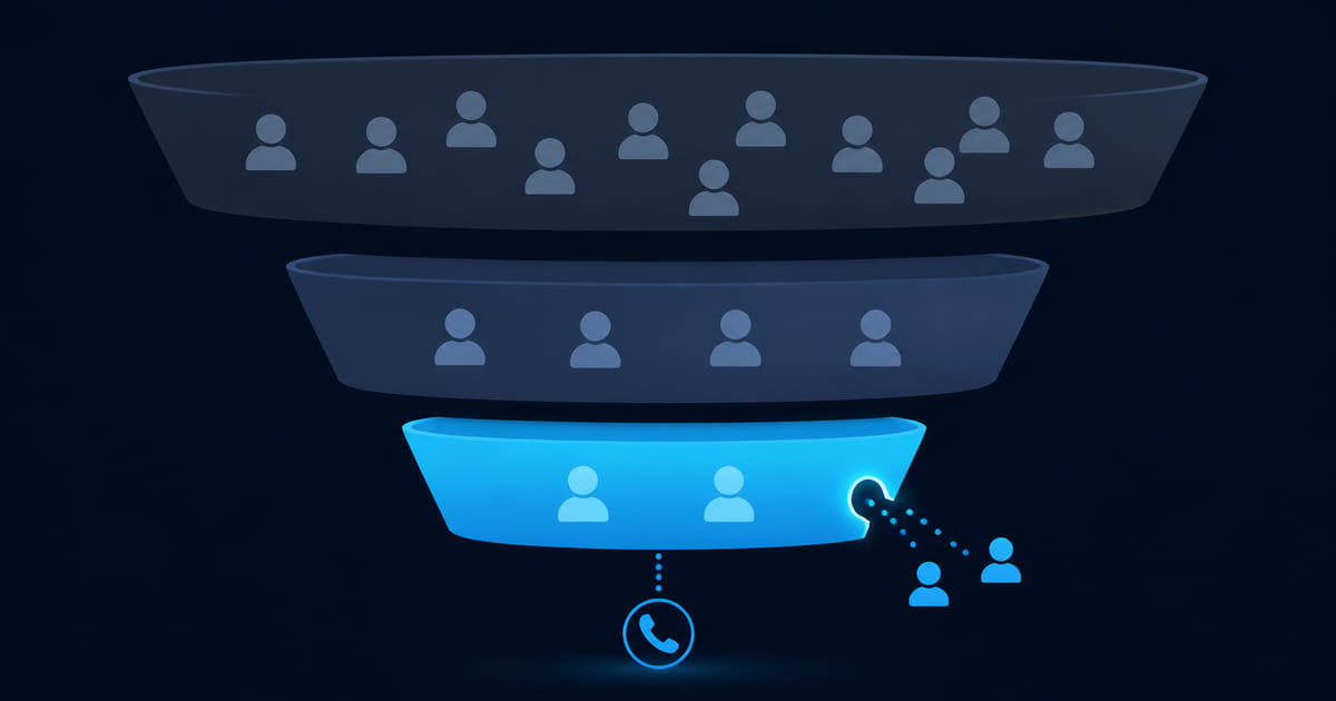 A three-stage funnel showing arrivals, engagement and contact, with the narrowest stage highlighted