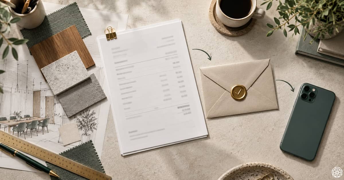 A printed page of line items and totals beside a room sketch and material samples, with arrows leading to a sealed envelope and then a phone
