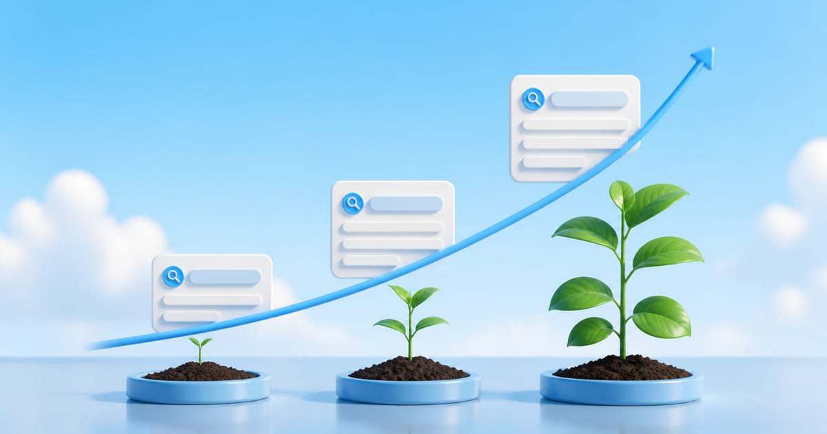 A seedling shown at three stages of growth beside a search listing rising over the same span