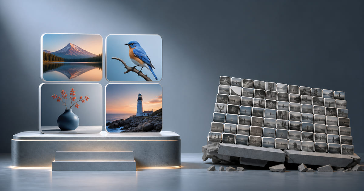 A few large well-chosen images beside a dense grid of small redundant ones