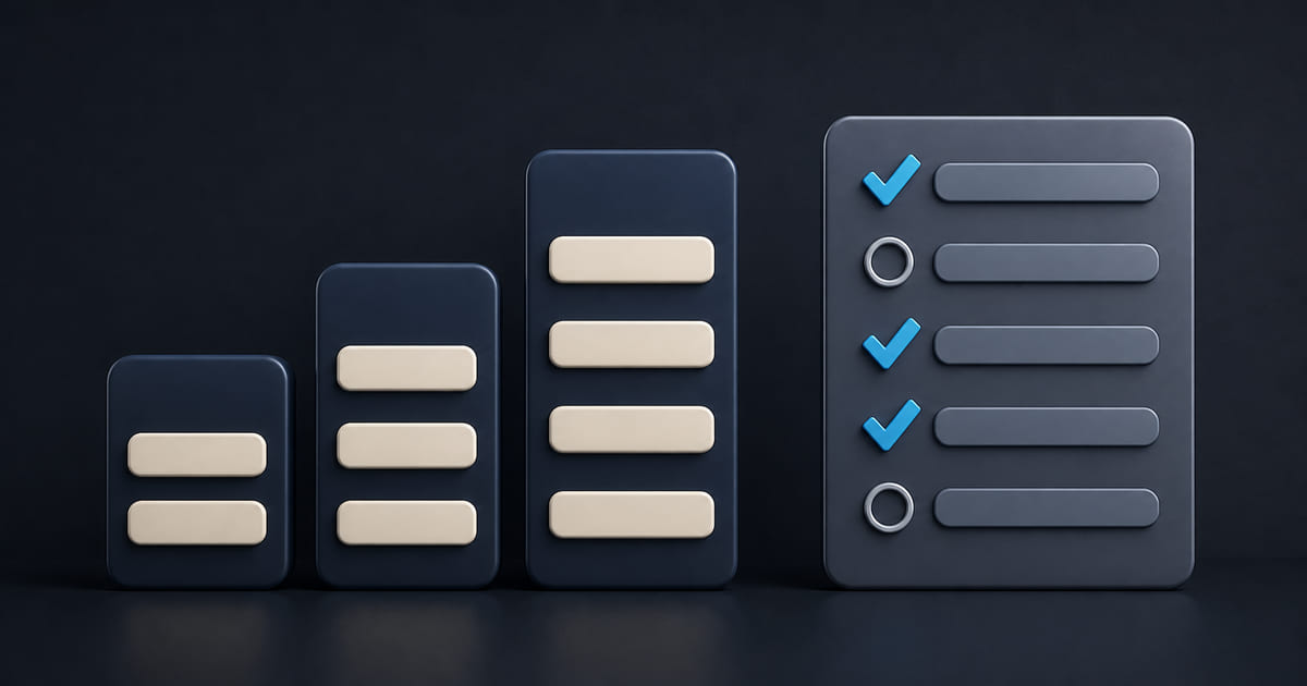 Three price bracket cards of increasing size beside a checklist showing what each one includes
