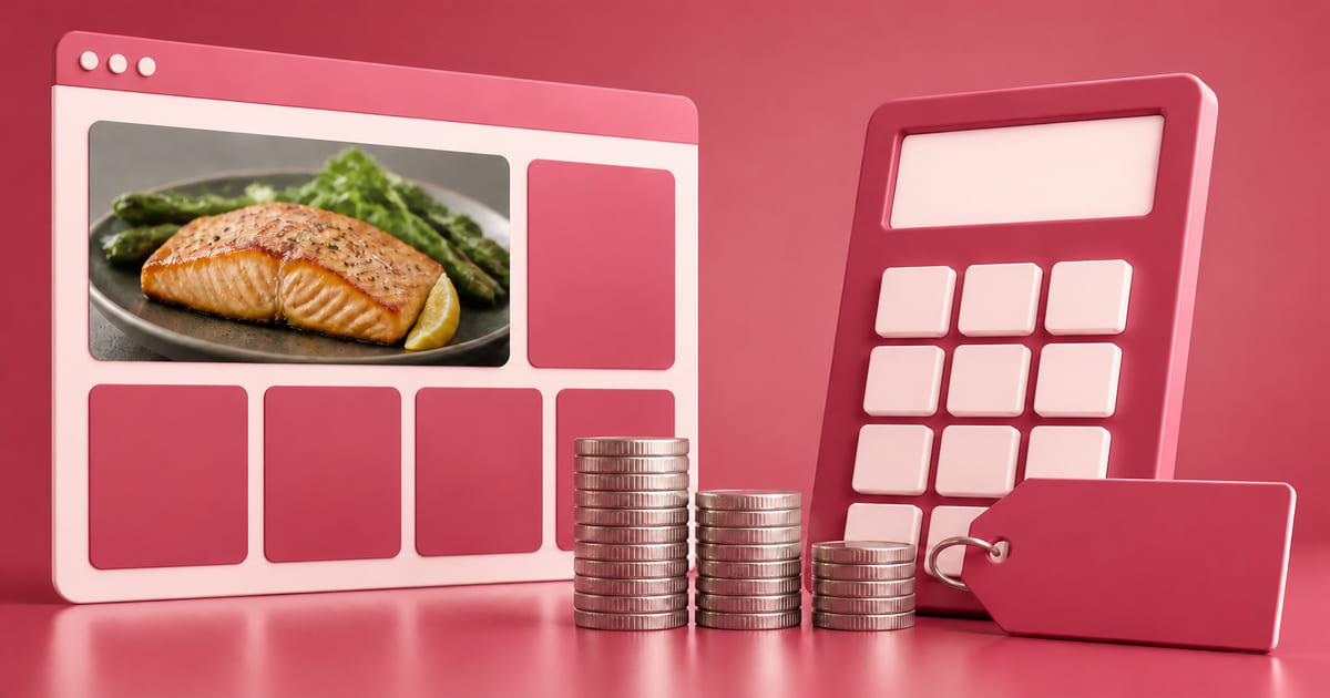 Price tags of clearly different heights beside a simple website page and a calculator
