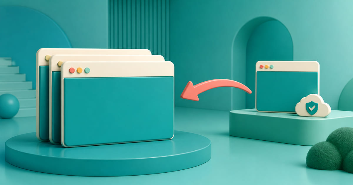A website with copies stacked behind it, one stored separately, and a restore arrow curving back