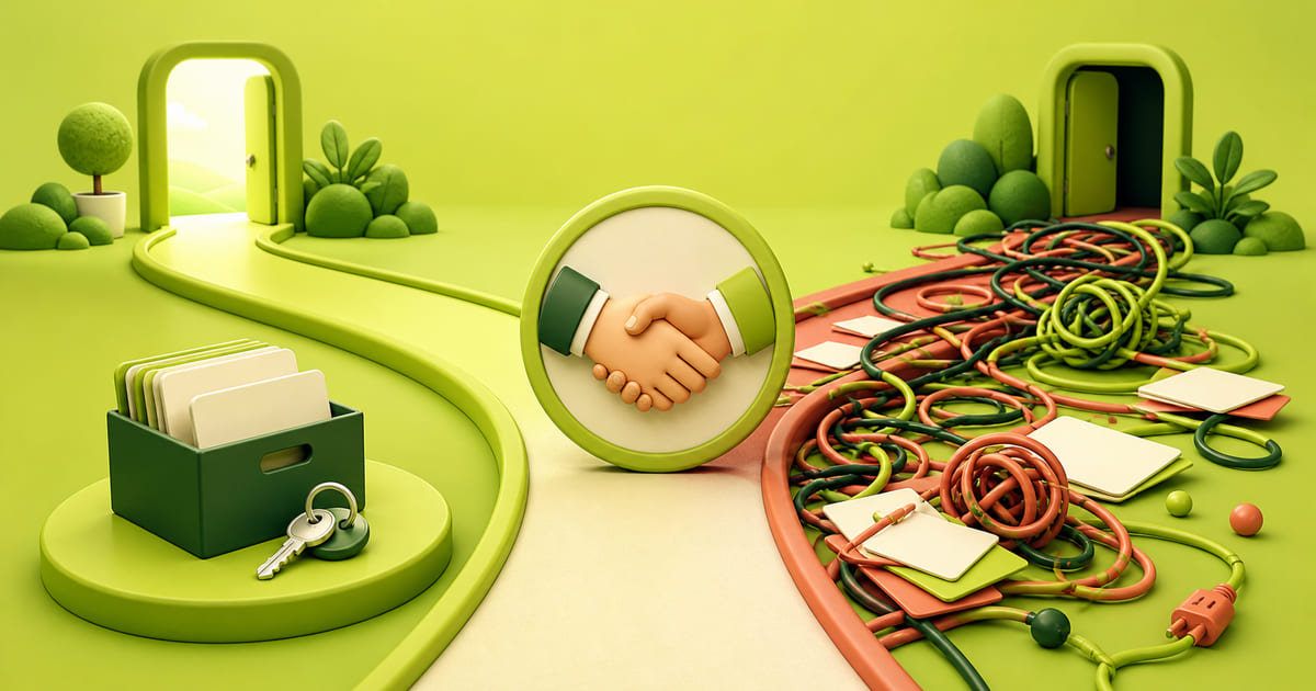 Two paths from a handshake, one ending in a clean handover of files and keys, the other tangled