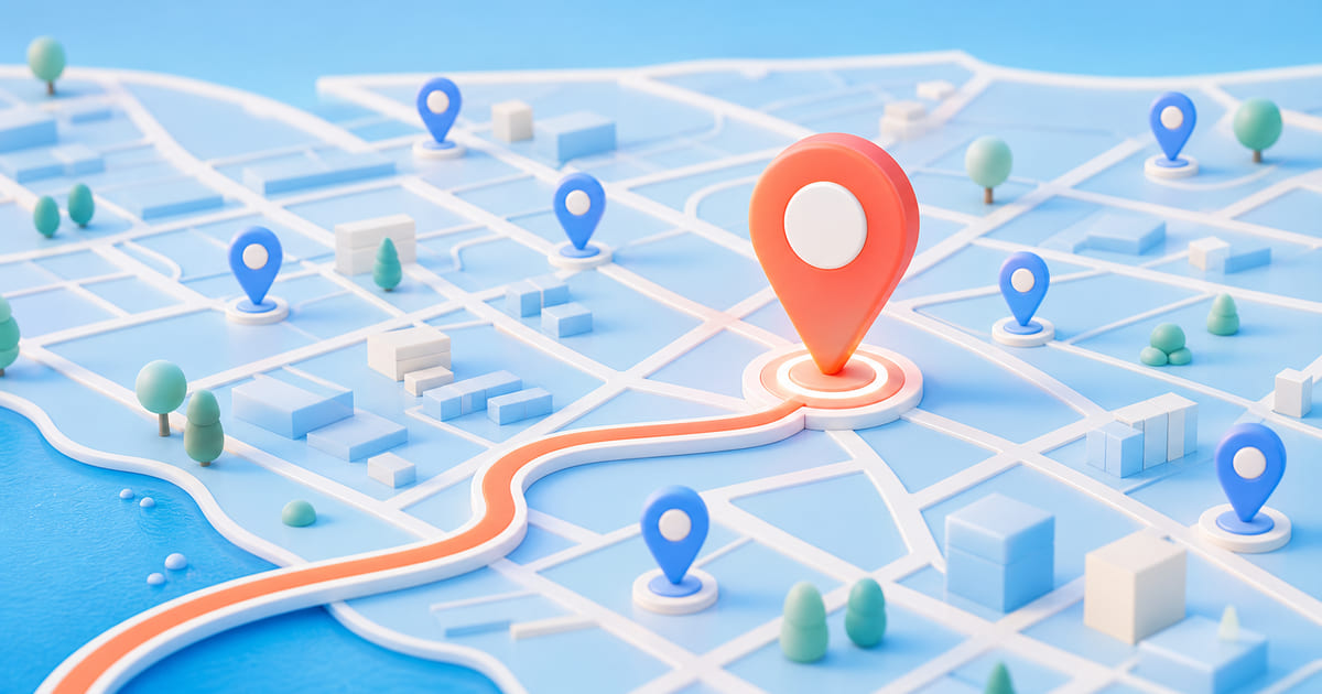 A map where one business pin is larger and brighter than those around it, with a route arriving