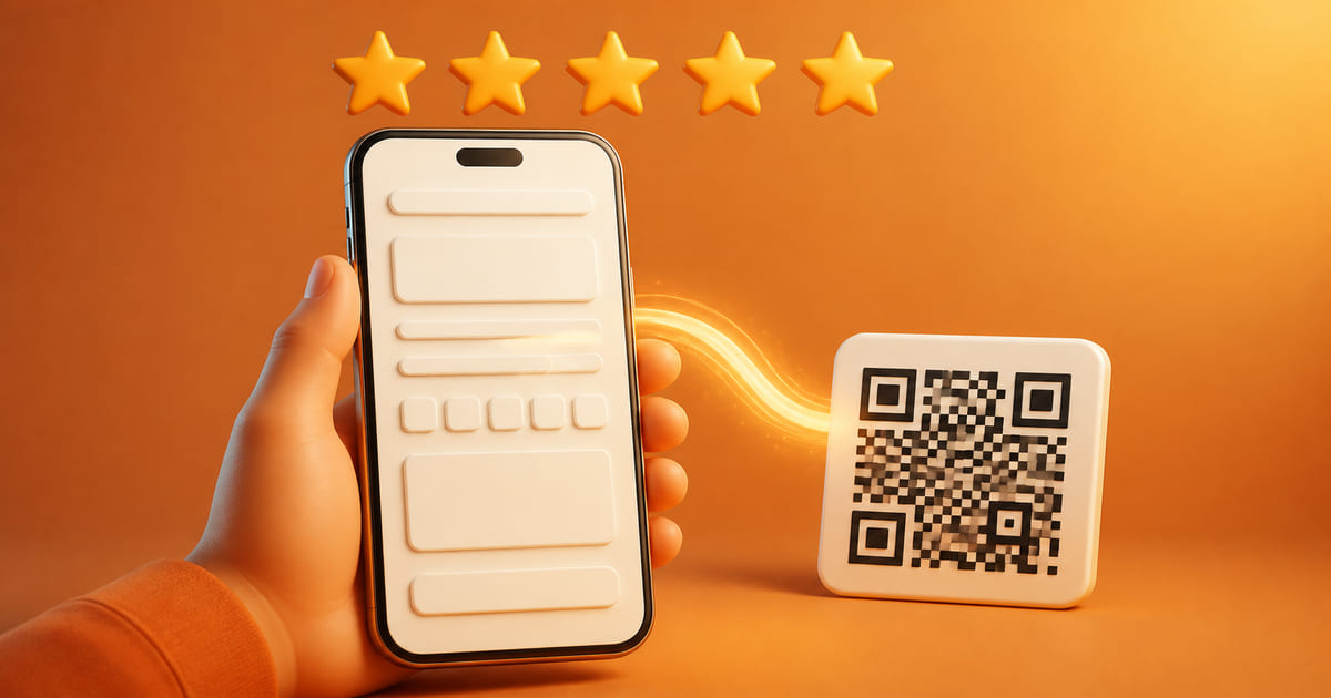 A phone showing a review form opened directly from a QR code beside a five-star rating