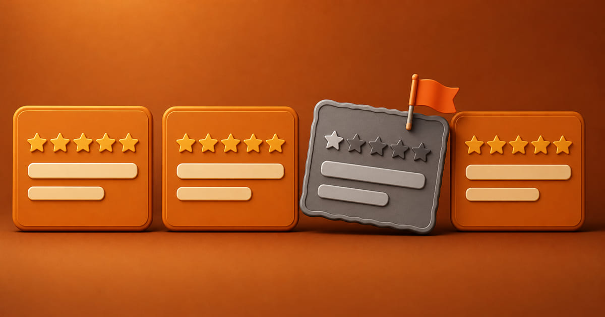 One review card visibly out of place among genuine ones, marked with a report flag