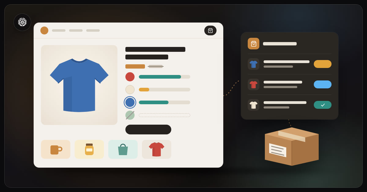 A shop's product page for a blue T-shirt with a stock bar beside each of its four colours, red and blue well stocked, cream running low and green sold out, and other products below it; beside the page, a list of orders, each at its own stage, and a taped parcel going out