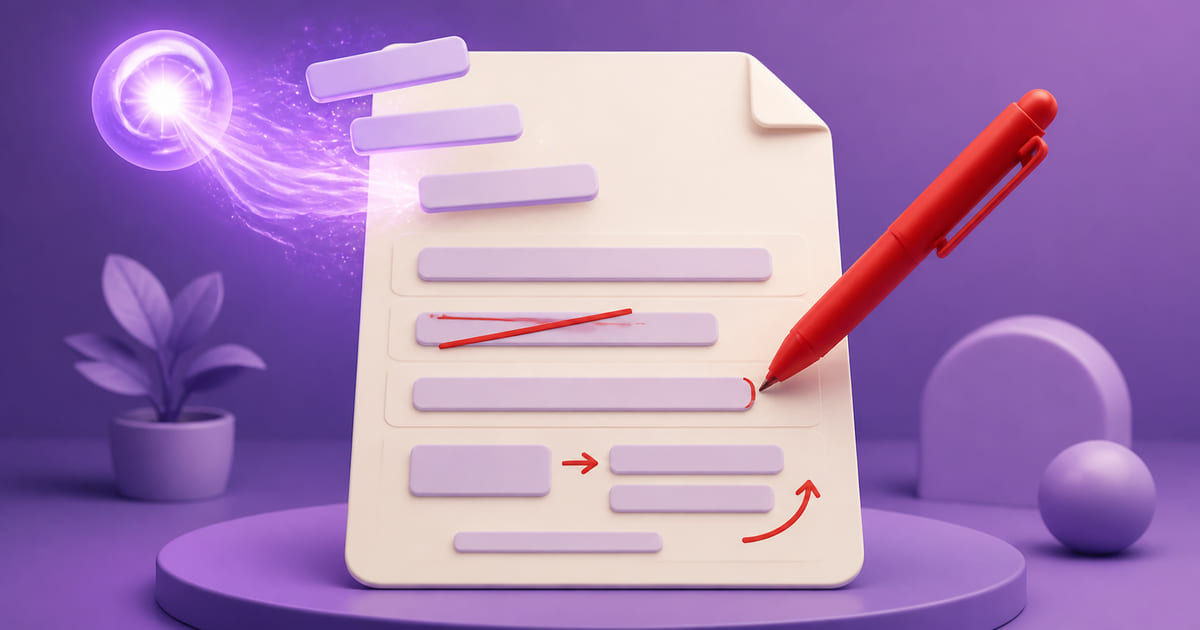 A generated draft document with an editing pen cutting and correcting lines on it