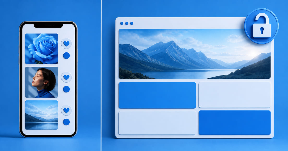 A phone showing a social feed beside an open website page, divided by a comparison line