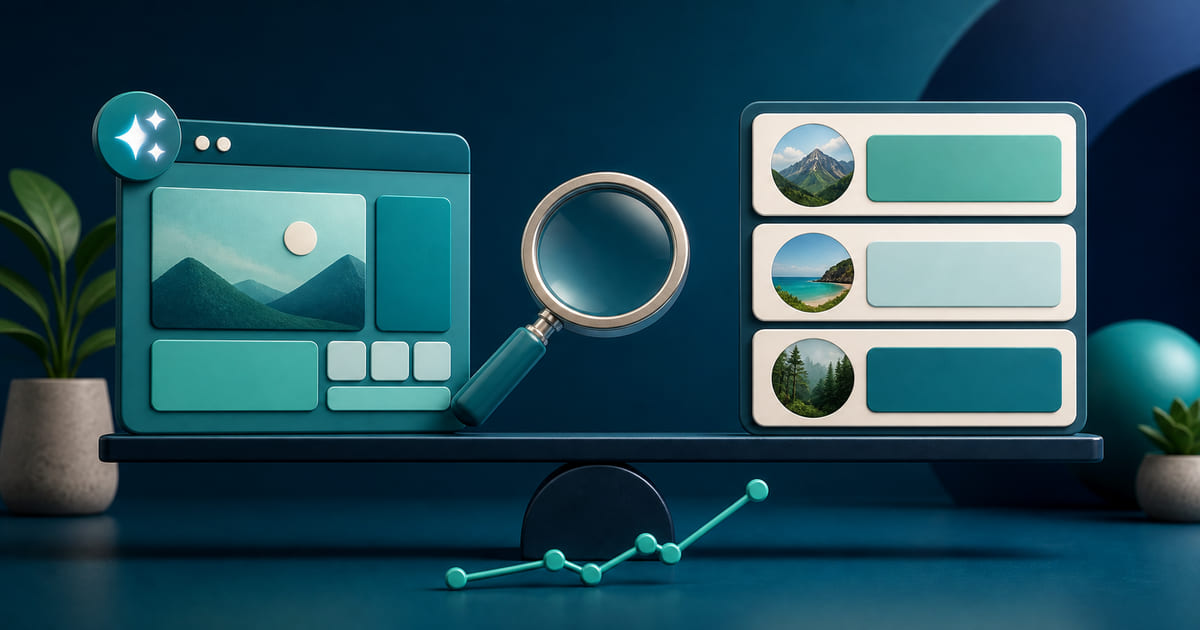 An AI-marked web page and a search results panel balanced against each other on a beam, with a magnifying glass and a rising chart