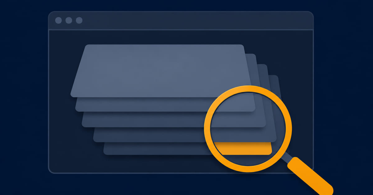 A browser frame with a magnifying glass finding one page buried under others