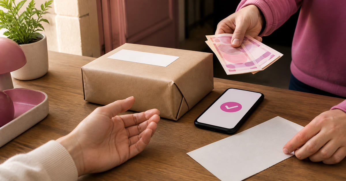 نقود تُسلَّم فوق طاولة بجانب طرد مغلَّف، وهاتف يعرض علامة تأكيد، وإيصال تحويل فارغ