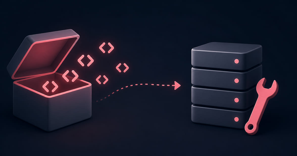An unlocked box with code brackets spilling out beside a server stack with a spanner