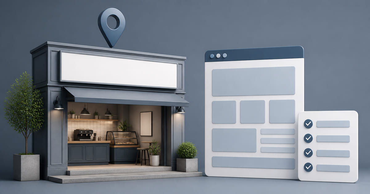 A café storefront with a location pin, a simple one-page website and a checklist beside it