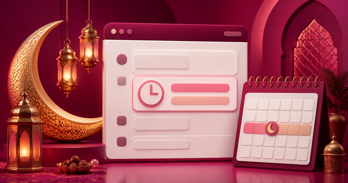 A crescent and lantern beside a website showing adjusted hours and a calendar marking the season