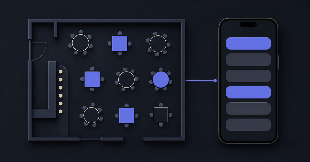 A table layout diagram beside a phone showing an evening's time slots with some taken
