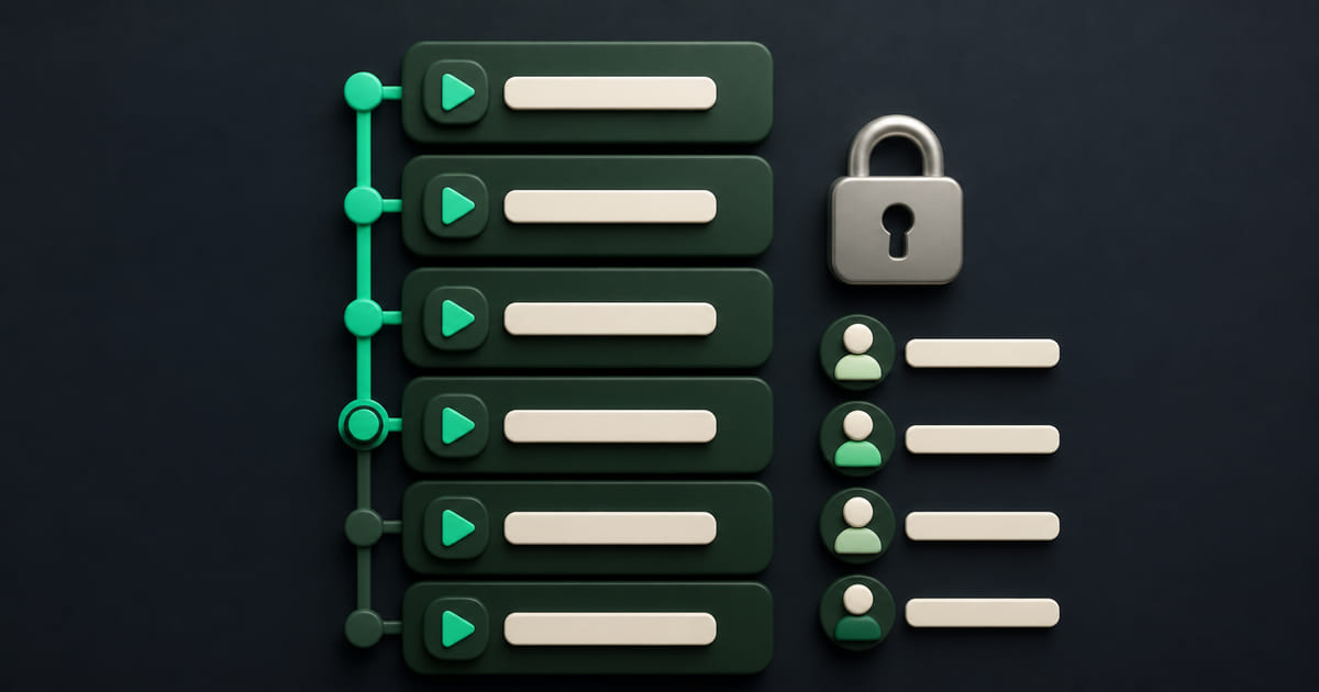 A course with chapters and lessons on a website beside a padlock, a payment card and a list of enrolled students