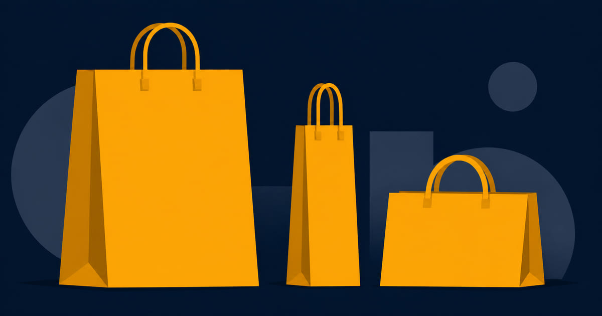 A shopping bag beside two smaller alternative bags of different shapes