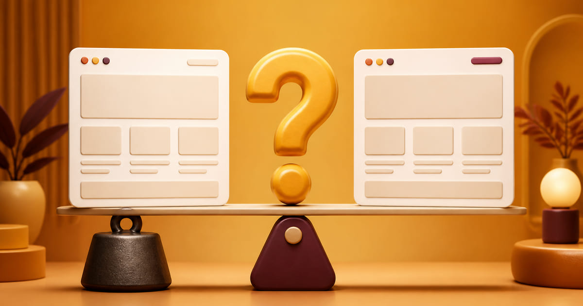 Two nearly identical versions of the same website with a question mark and a cost weight between them