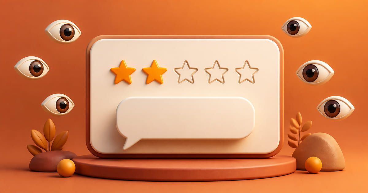 A low-star review card with a calm short reply beneath it, watched by several onlooker icons