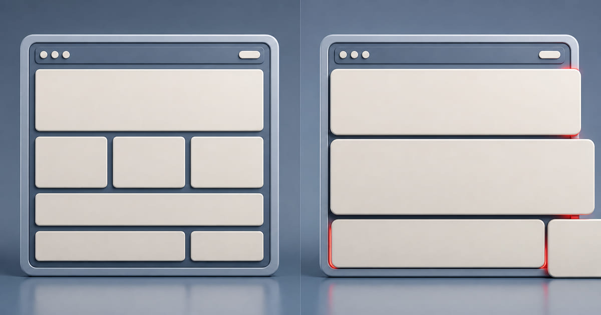 A template frame with content fitting comfortably beside the same frame straining against oversized content