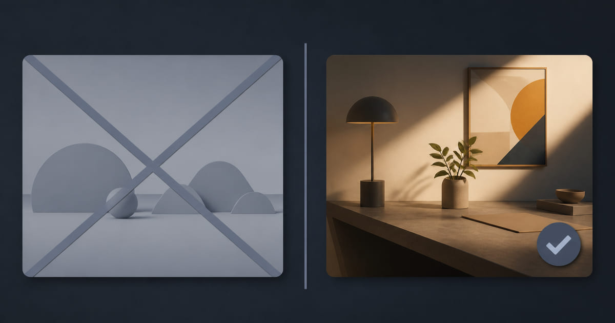 A generic stock-style image crossed out beside a real photograph of a workspace marked as preferred