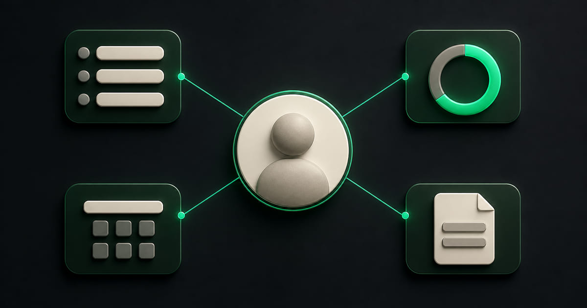 A single customer avatar connected to an order history, a loyalty progress ring, a booking slot and a plan document