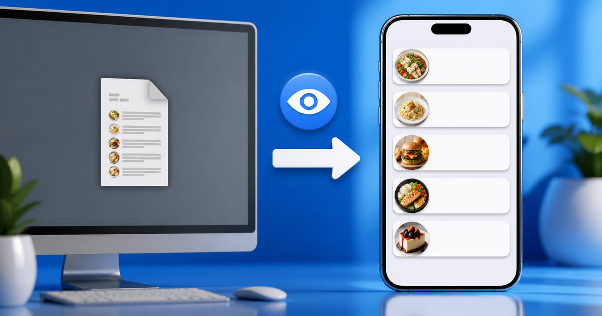 A PDF document icon beside a phone showing the same menu as readable text on a web page
