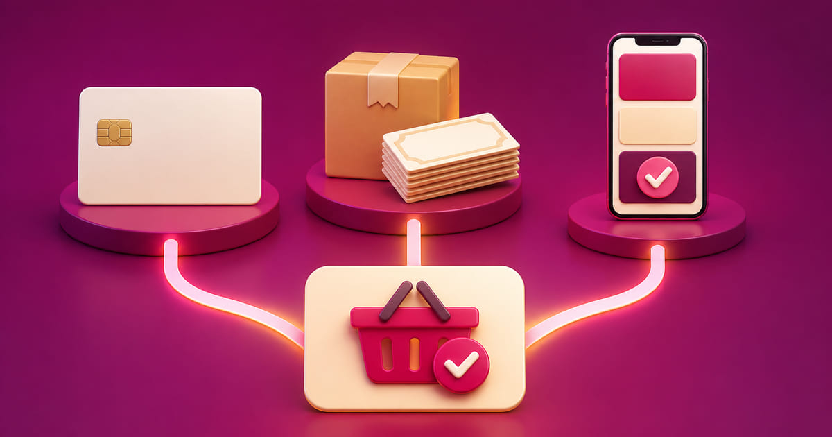 A payment card, a cash-on-delivery parcel and a phone transfer app arranged as three routes to one checkout