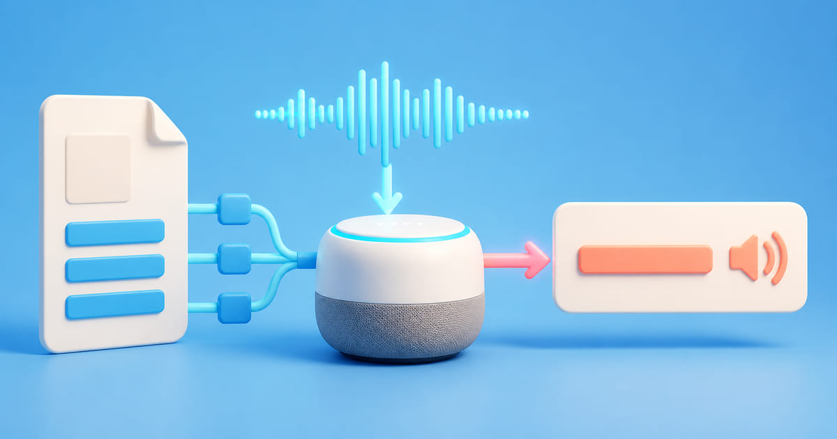 A voice waveform entering a device and one spoken answer emerging, drawn from a page of facts